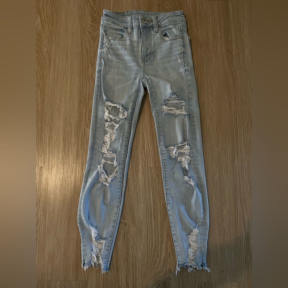 ae distressed light wash hi rise jegging crop - 00